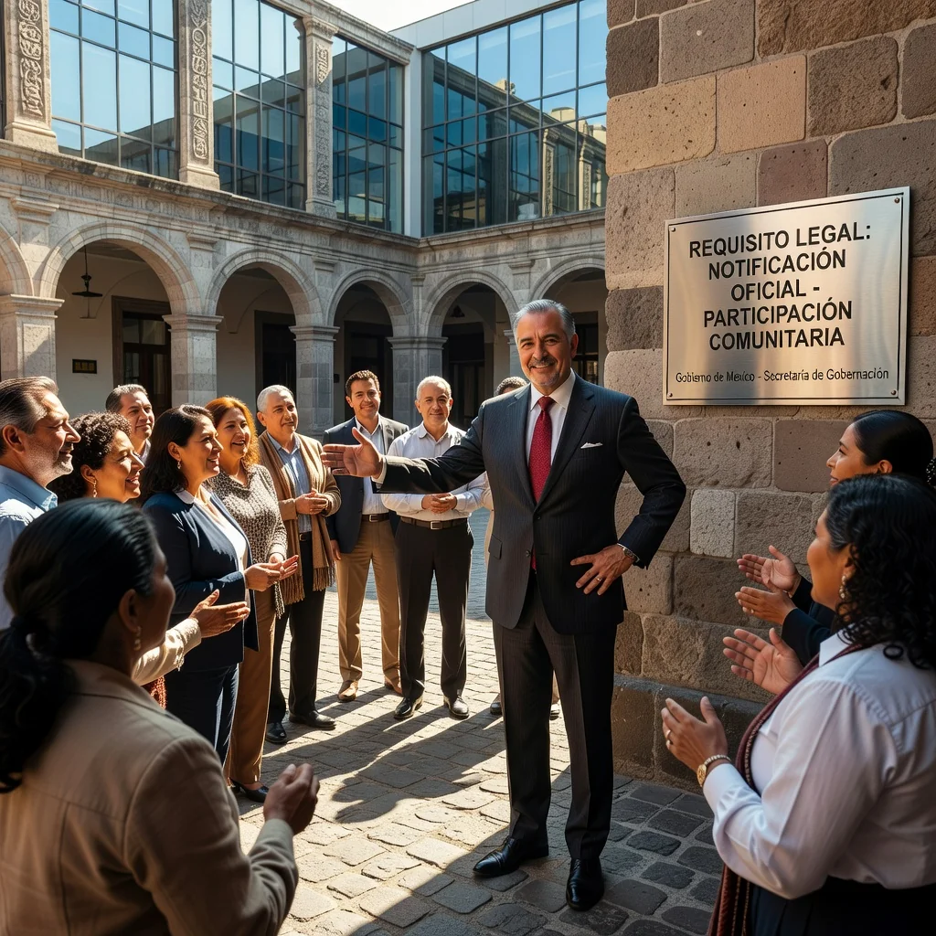 A photorealistic image representing the purpose of the Carta de Requerimiento in Mexico, showing a Mexican official or authority figure in a formal setting, such as a government office or public square, symbolically extending an invitation or requirement to a group of adult citizens, emphasizing legal notification and civic participation without depicting any documents or children.