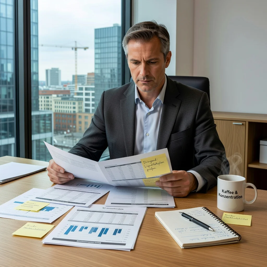 A photorealistic image representing the concept of a Mahnung, which is a formal reminder or demand letter in German law for payment or action, showing a professional adult in a modern office setting reviewing financial documents at a desk, looking determined and focused, with elements like a calendar and calculator nearby, evoking themes of debt resolution and legal compliance without depicting any actual documents.