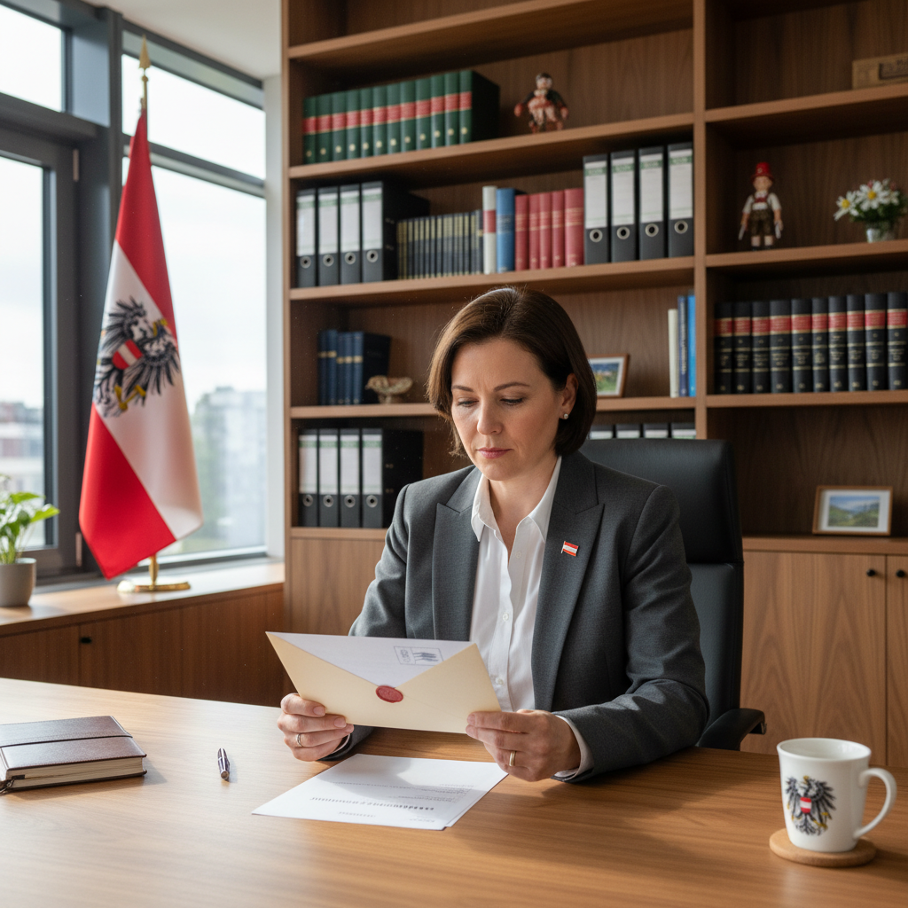 A photorealistic image of a professional Austrian office setting where an adult business person is reviewing important correspondence at a desk, with subtle Austrian landmarks visible through a window, symbolizing the process of handling formal reminders or legal notices without directly showing documents.
