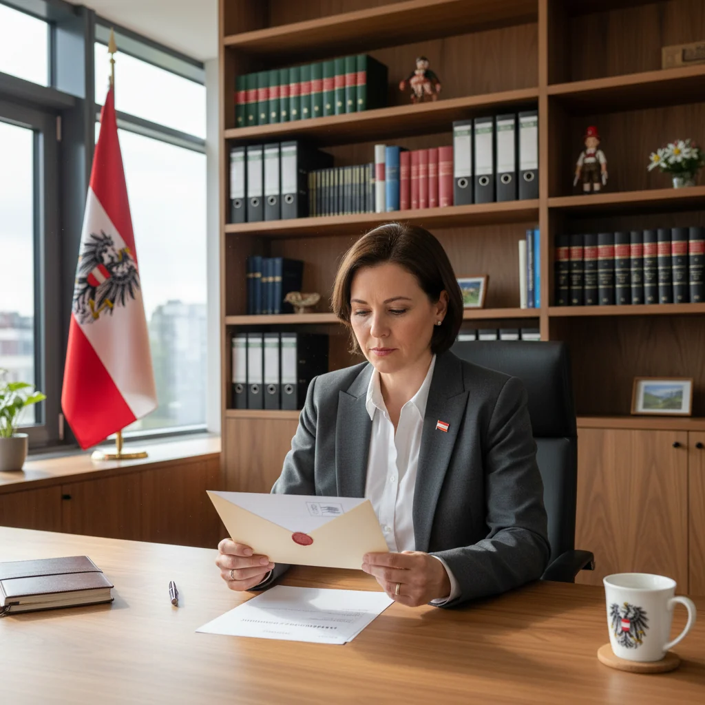 A photorealistic image of a professional Austrian office setting where an adult business person is reviewing important correspondence at a desk, with subtle Austrian landmarks visible through a window, symbolizing the process of handling formal reminders or legal notices without directly showing documents.
