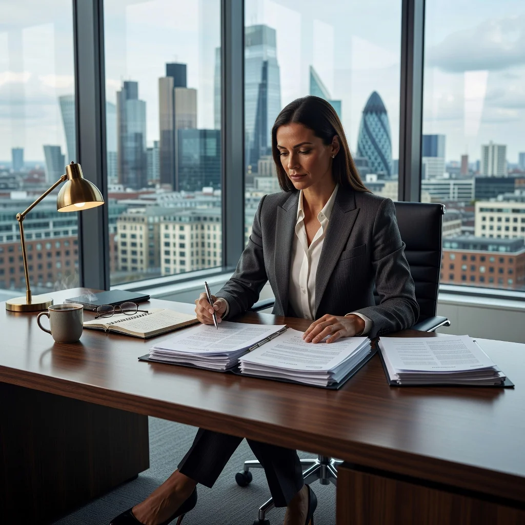 A photorealistic image of a professional adult woman in a modern office setting, looking determined while reviewing paperwork on her desk, symbolizing the step before legal action in a dispute, with no children present and no actual documents shown.