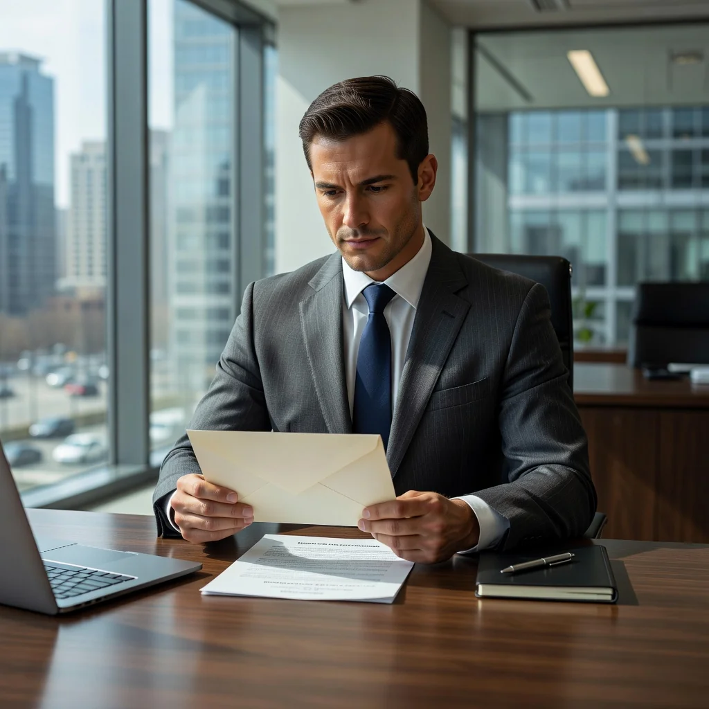 A photorealistic image representing the concept of a demand letter in legal contexts, showing a determined adult professional in a modern office setting, reviewing important correspondence on a desk with a serious expression, symbolizing the pursuit of resolution or justice without directly depicting any documents.