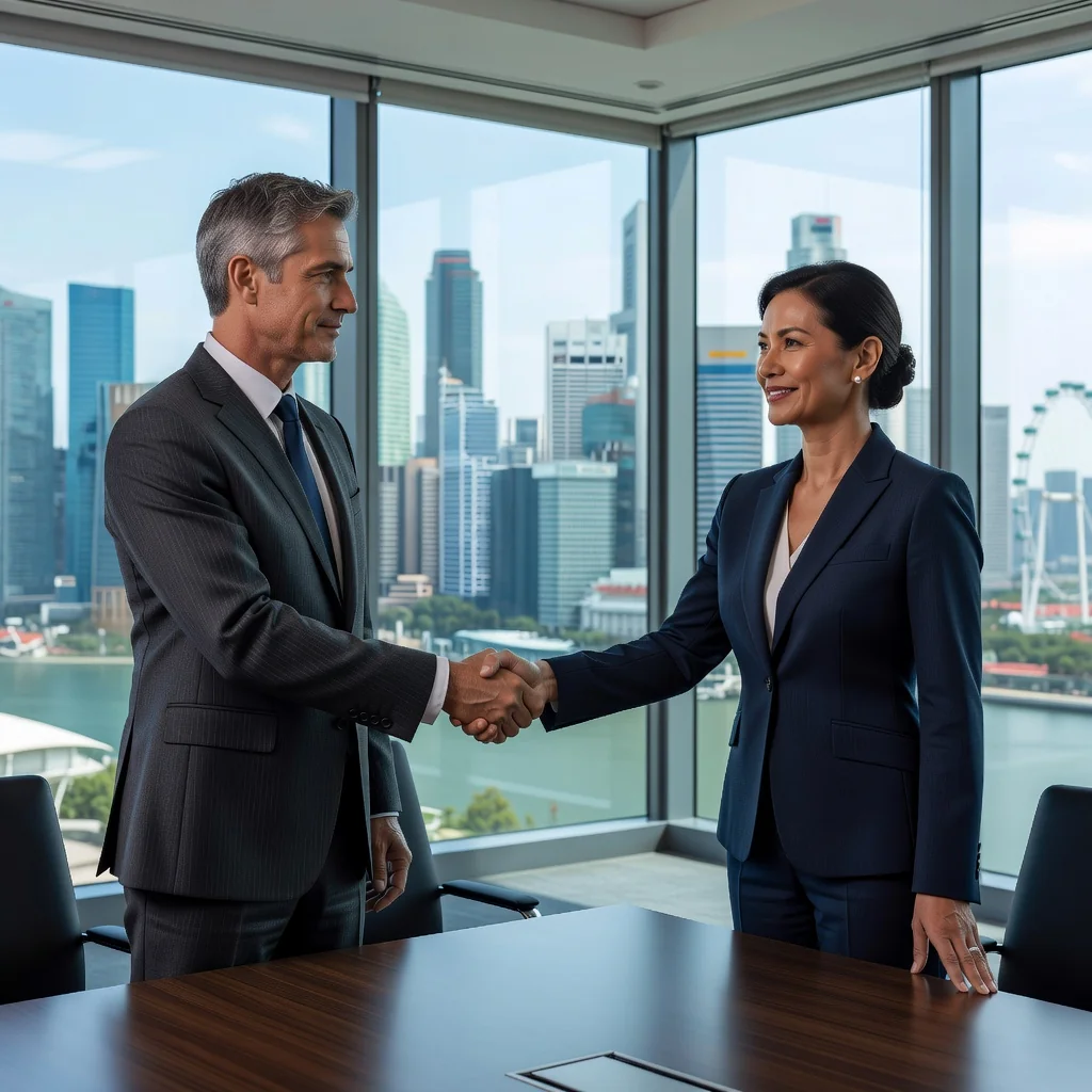 A photorealistic image depicting a professional business meeting in a modern Singapore office, where two adults in business attire are shaking hands across a conference table, symbolizing resolution and agreement in a legal context, with subtle Singapore skyline visible through the window in the background, conveying the purpose of a Letter of Demand as a step towards amicable settlement without showing any documents.