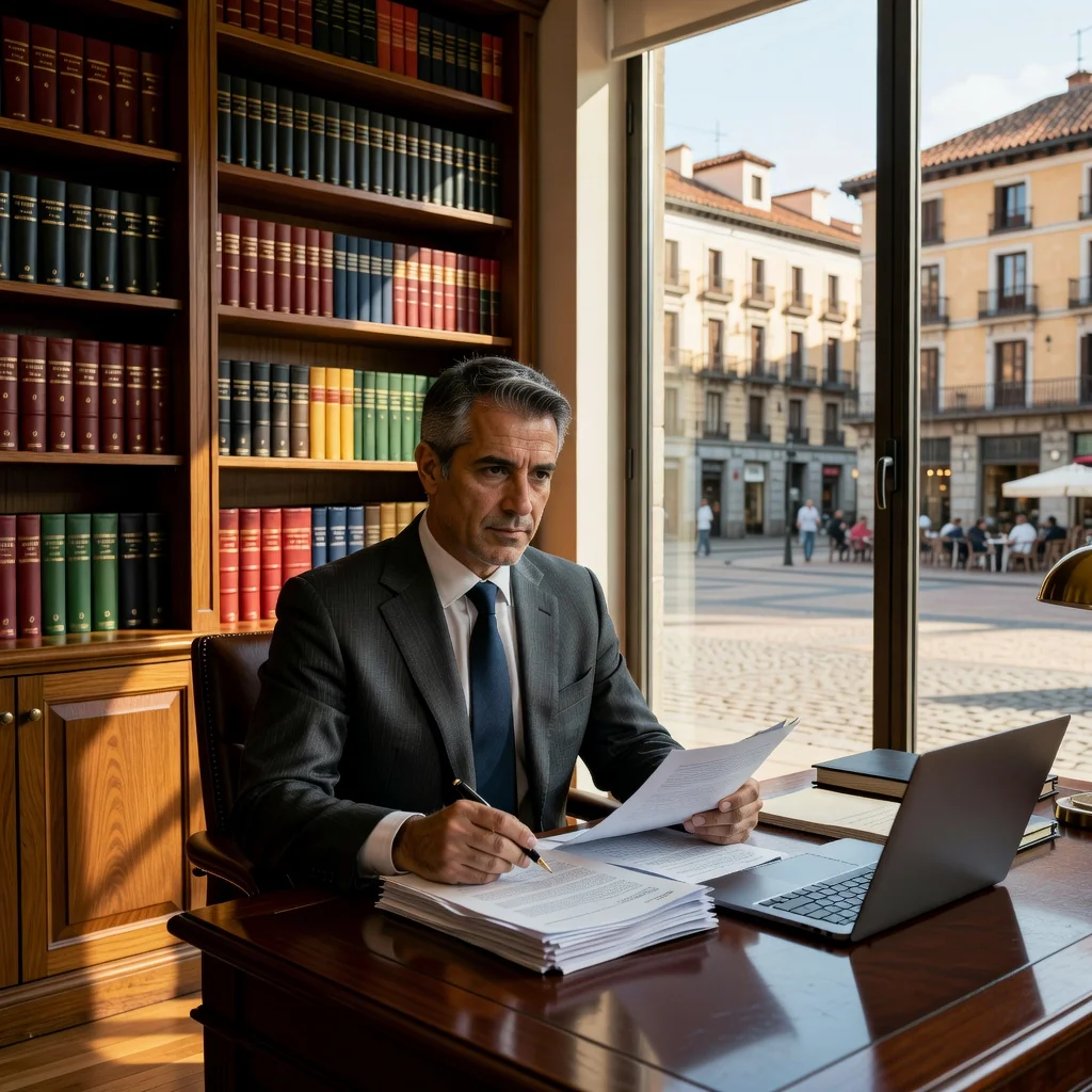 A photorealistic image of a professional Spanish lawyer in a modern office in Spain, reviewing legal papers with a determined expression, symbolizing the formal requirement and notification process of a Carta de Requerimiento legal document. The scene includes elements like a window with a view of Spanish architecture, a desk with books and a computer, but no actual documents are prominently featured. No children are present.