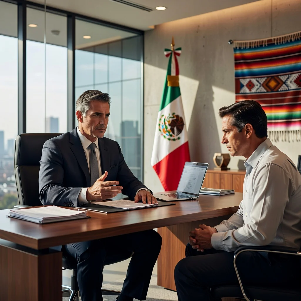 A professional scene in a Mexican legal office representing the purpose of a 'Carta de requerimiento' legal document, showing an adult lawyer or legal assistant discussing a formal notice with a client, emphasizing resolution and communication without depicting any documents.