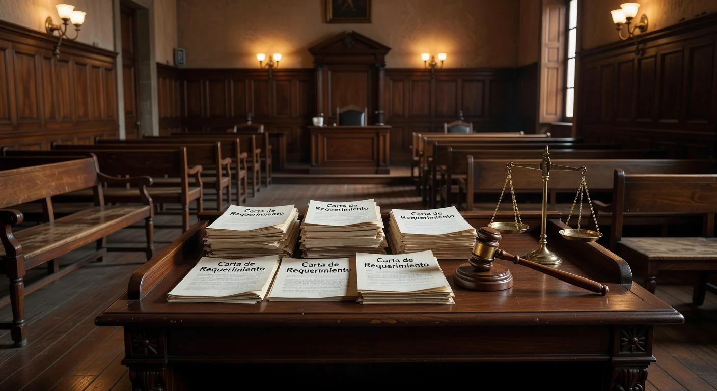 Courtroom scene with Mexican legal papers