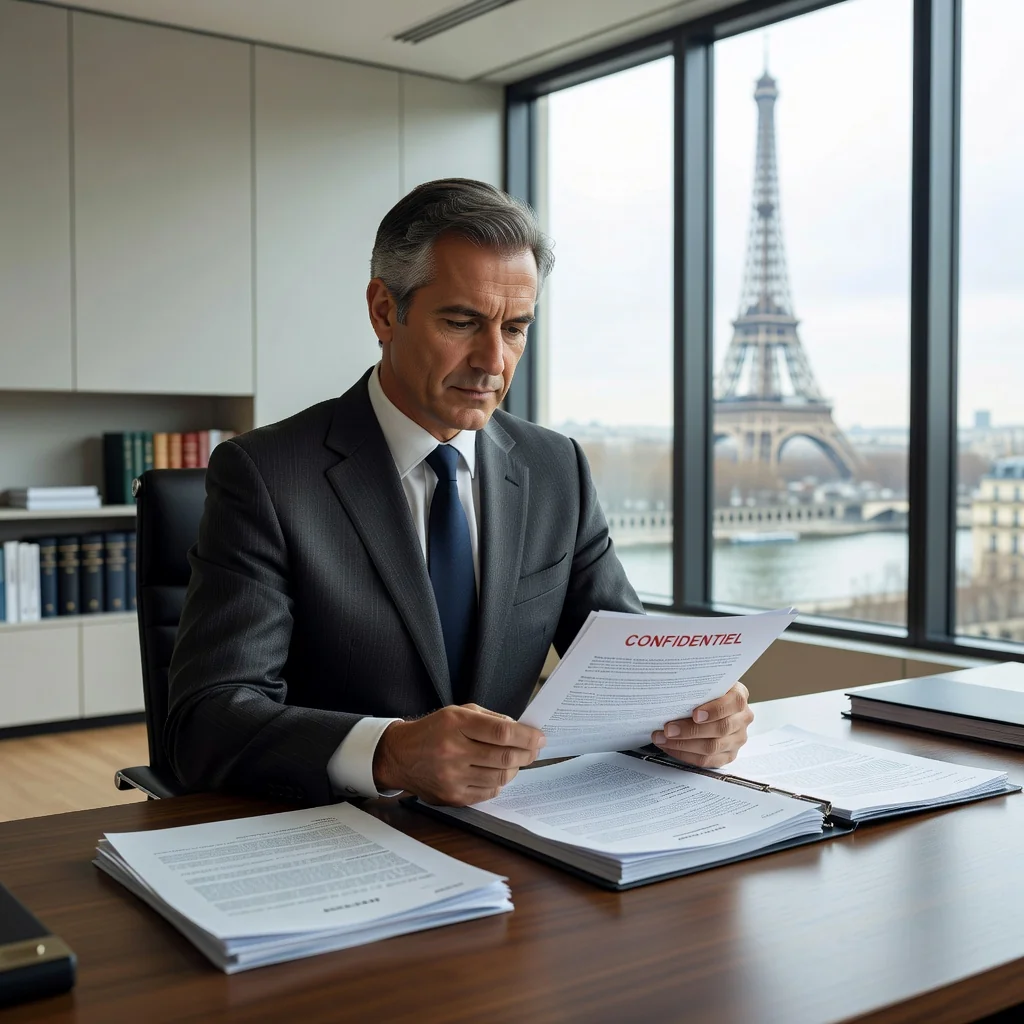 A photorealistic image representing the formal demand and resolution aspect of a Mise en demeure legal notice in France, showing a determined adult professional lawyer in a modern French office, reviewing important papers at a desk with a subtle French flag in the background, conveying professionalism and legal resolve without displaying any documents directly.