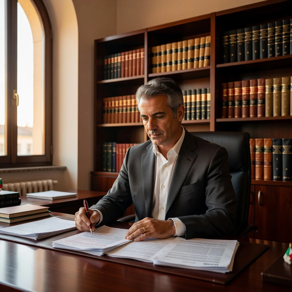A professional Italian lawyer in a modern office setting, reviewing legal papers with a determined expression, symbolizing the formal warning and dispute resolution aspect of a Lettera di diffida, with subtle Italian flag elements in the background.