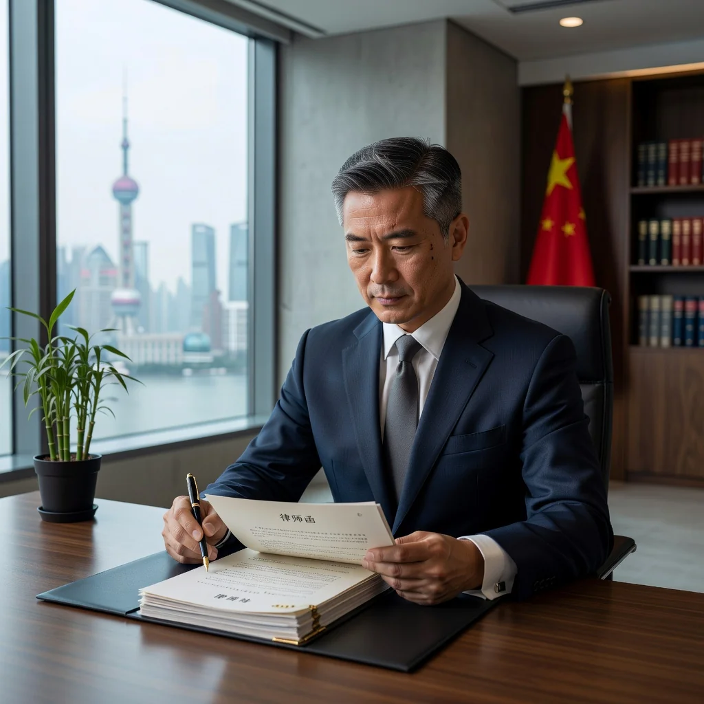 A photorealistic image of a professional Chinese lawyer in a modern office, reviewing legal documents on a desk with a determined expression, symbolizing the authoritative and protective purpose of a lawyer's letter in China. The scene includes subtle Chinese cultural elements like a traditional seal or Beijing skyline view from the window, but no children are present.