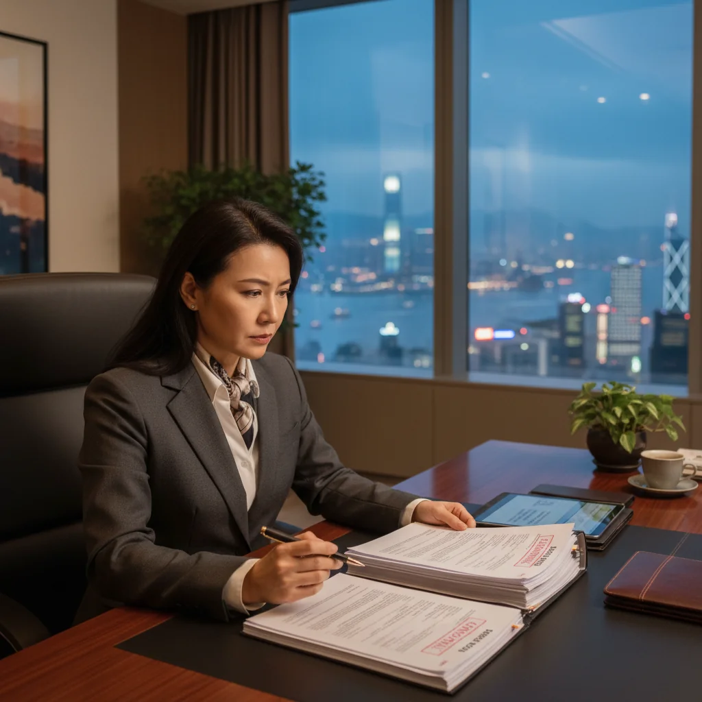 A photorealistic image of a professional adult lawyer in a modern Hong Kong office, reviewing legal papers at a desk with a city skyline view, symbolizing preparation for pre-litigation matters without showing any documents directly.