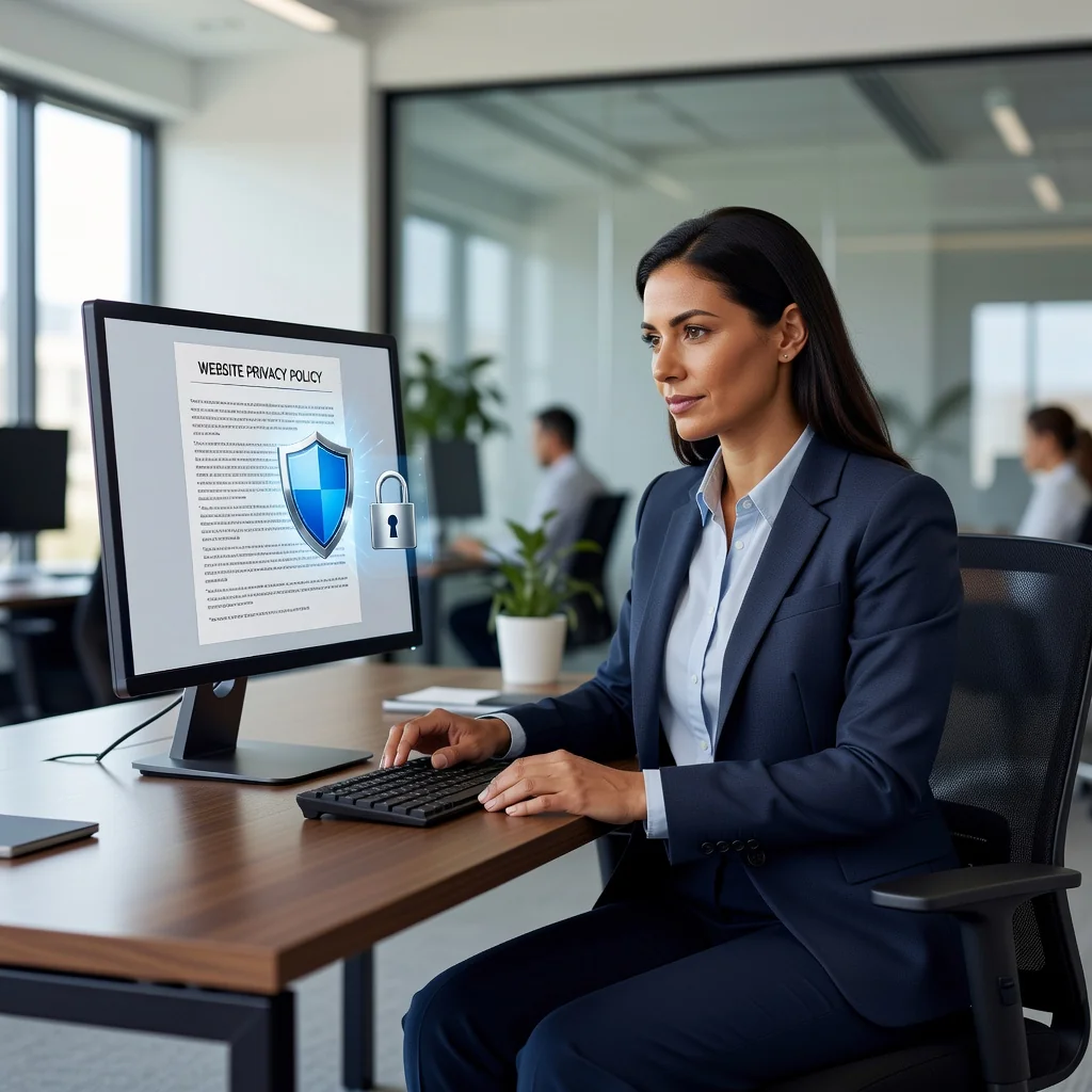 A photorealistic image of a professional adult woman working at a modern desk in an office, reviewing a digital privacy policy on her computer screen, with icons representing data protection like locks and shields subtly in the background, conveying security and trust for a website privacy policy article. No children present.