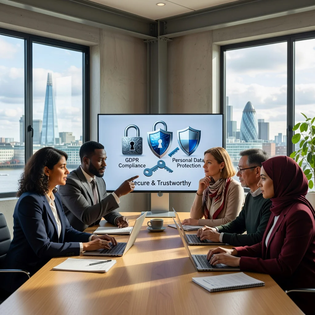 A photorealistic image symbolizing data privacy and GDPR compliance in the UK, featuring a diverse group of adults in a modern office setting, discussing privacy policies on a secure digital platform, with subtle UK flag elements in the background, emphasizing protection and trust without showing any legal documents.