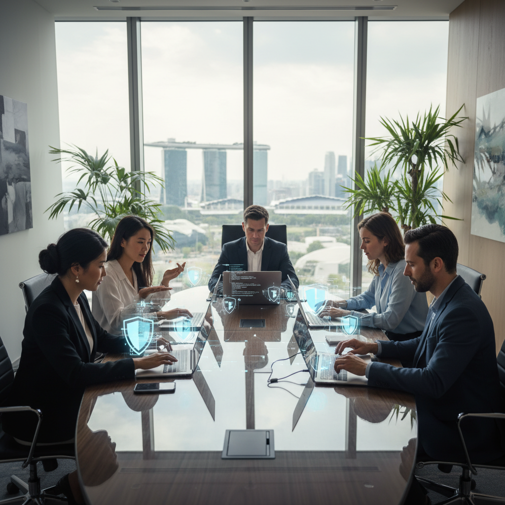A professional scene representing data privacy and compliance for a Singapore website, featuring a diverse group of adults in a modern Singapore office setting, with subtle elements like digital locks, secure networks, or privacy icons in the background, emphasizing protection of personal information online.