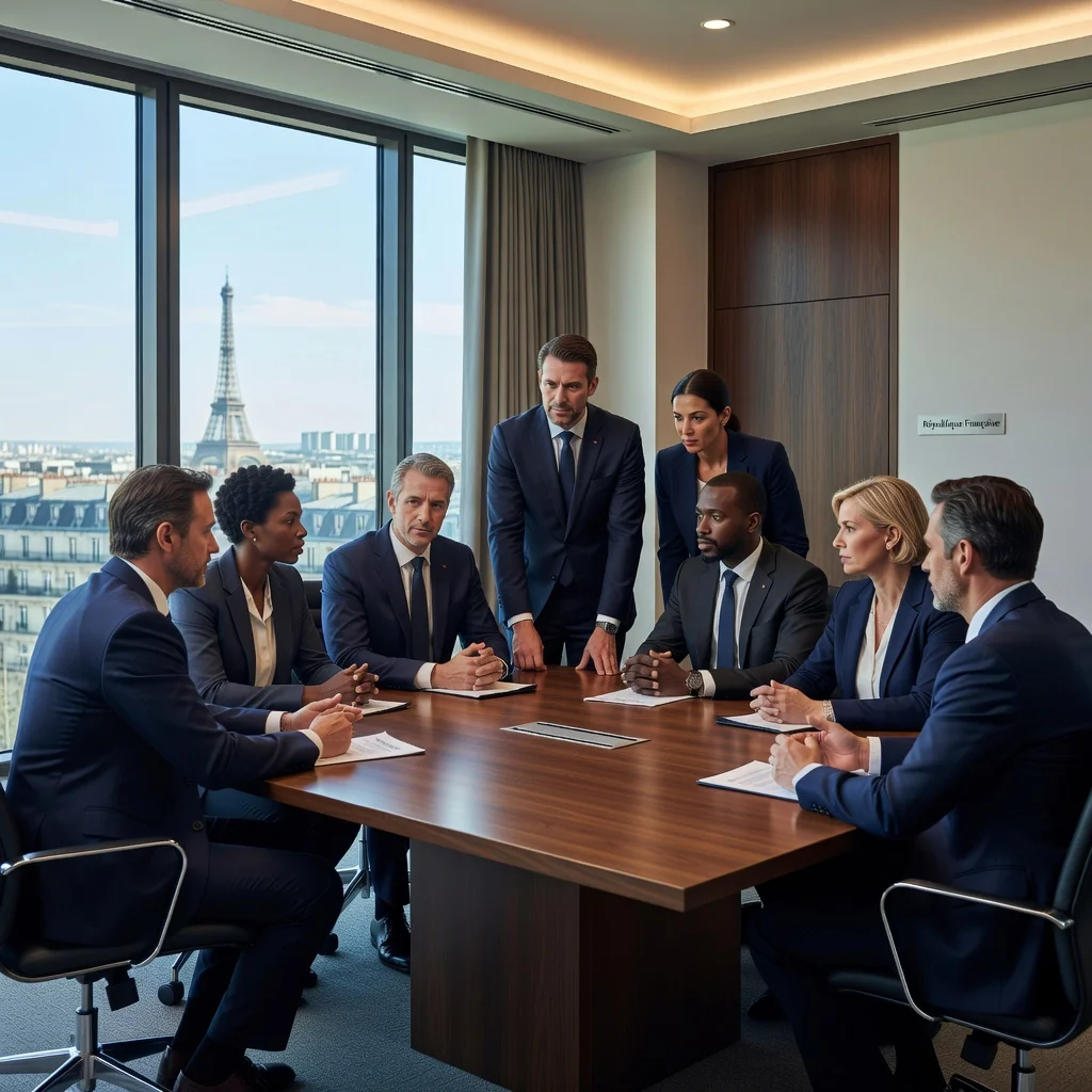 A photorealistic image of a professional French business team in a modern office setting, discussing data privacy and compliance with focused expressions, symbolizing the importance of RGPD and confidentiality policies for French enterprises.