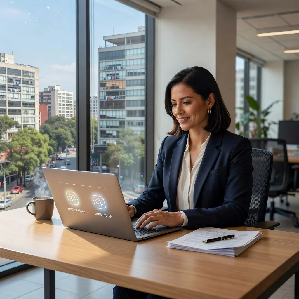 A photorealistic image representing data privacy and protection in Mexico, showing a diverse group of adults in a modern office setting, with one person securely locking a digital file on a computer screen, surrounded by subtle Mexican cultural elements like a flag or landmarks in the background, emphasizing trust and security without focusing on any legal documents.