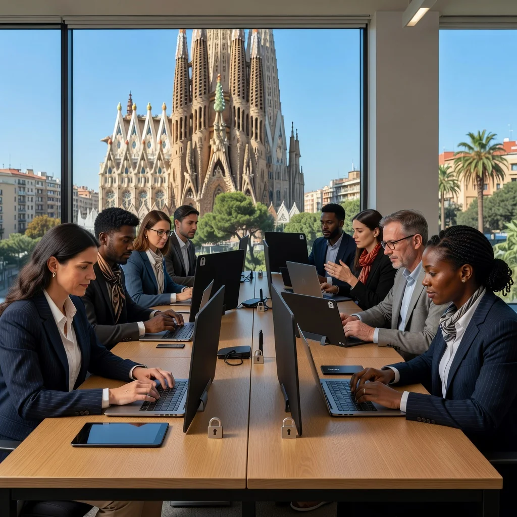 A photorealistic image representing privacy protection in Spain, featuring a diverse group of adults in a modern Spanish office setting, using secure digital devices while overlooking a scenic view of Spanish landmarks like the Sagrada Familia in the background, symbolizing data security and personal privacy rights.