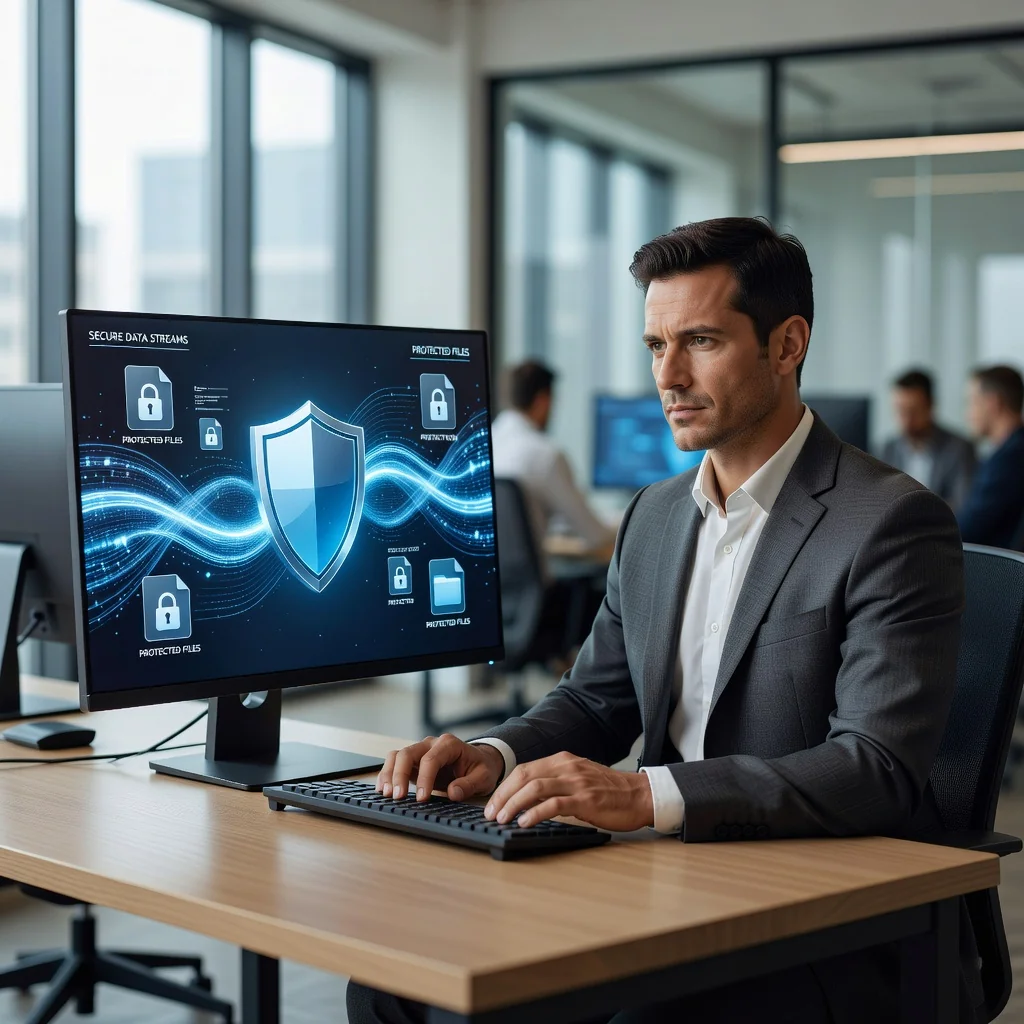 A photorealistic image symbolizing data protection and privacy policy, showing a professional adult sitting at a modern desk in an office, with a computer screen displaying a locked digital vault or shield icon protecting data streams, surrounded by subtle elements like encrypted files and secure network symbols, conveying trust and security in data handling.