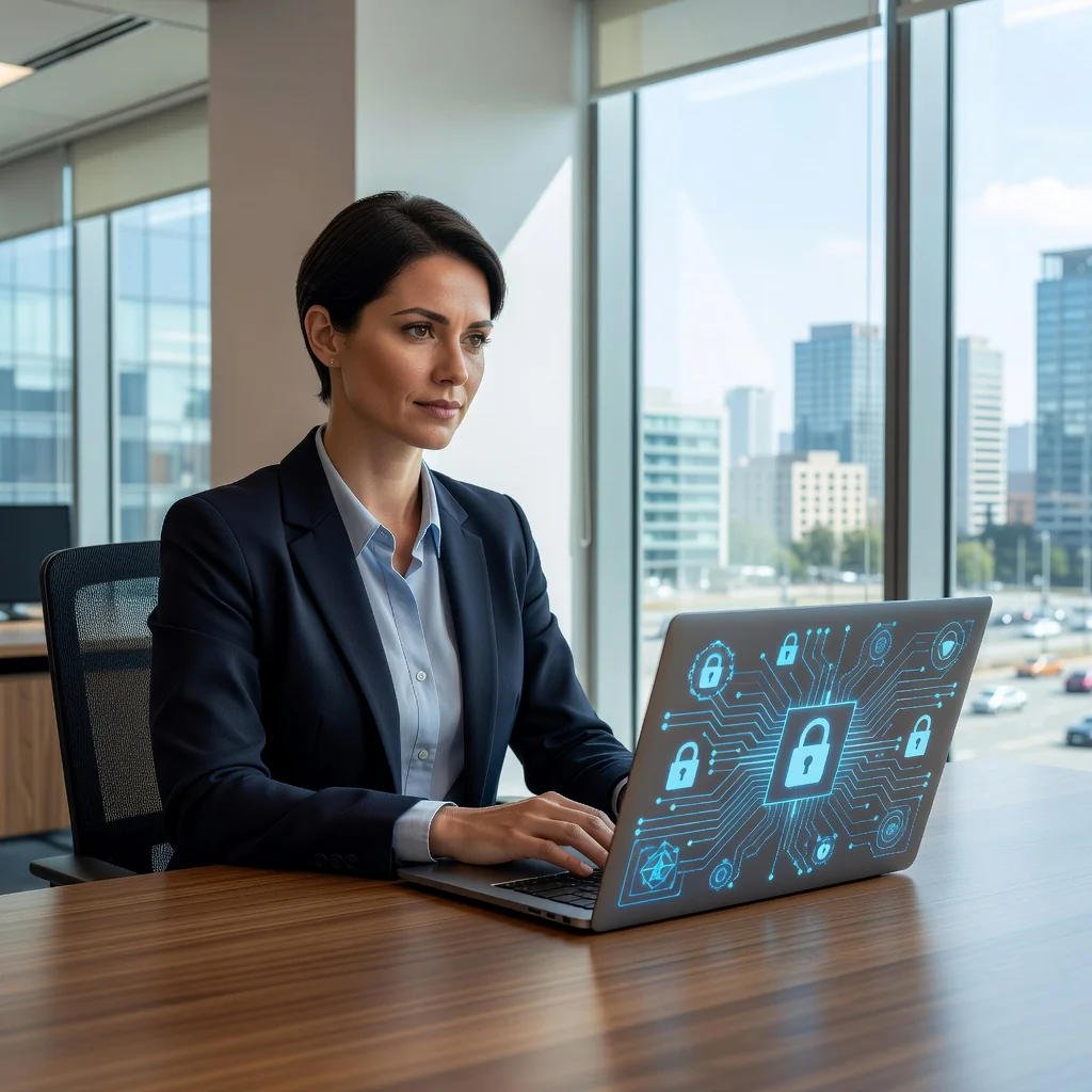 A photorealistic image of a professional woman in a modern office setting, sitting at a desk with a computer, reviewing digital privacy settings on her screen, surrounded by subtle icons representing data protection like locks and shields in the background, conveying trust and security in online privacy for UK websites.