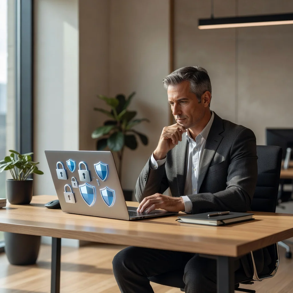 A professional adult individual in a modern office setting, confidently reviewing privacy policies on a computer screen, symbolizing data protection and personal rights in a digital environment, with no legal documents visible.