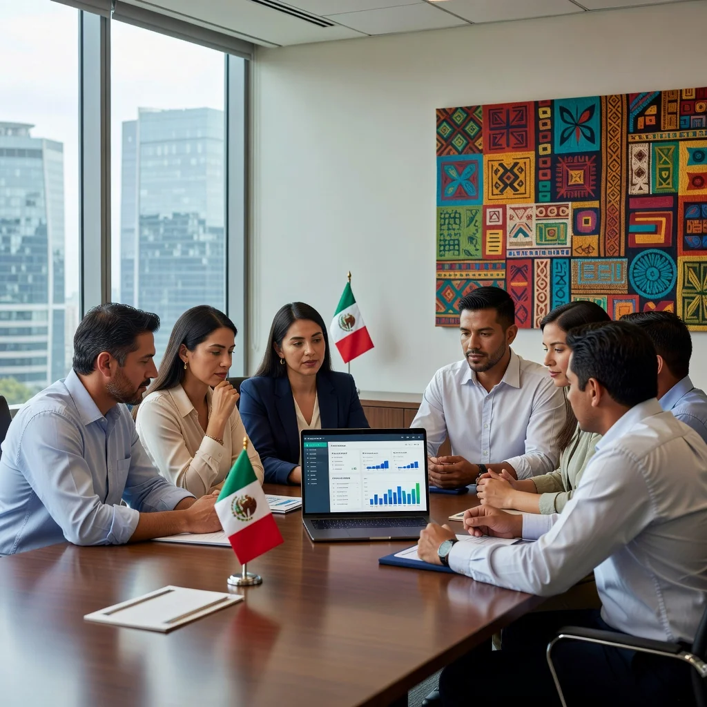 A professional scene in a modern Mexican business office, showing a diverse group of adult professionals reviewing privacy policies on a computer screen, with subtle Mexican cultural elements like a flag or traditional decor in the background, emphasizing data protection and confidentiality in a corporate setting.