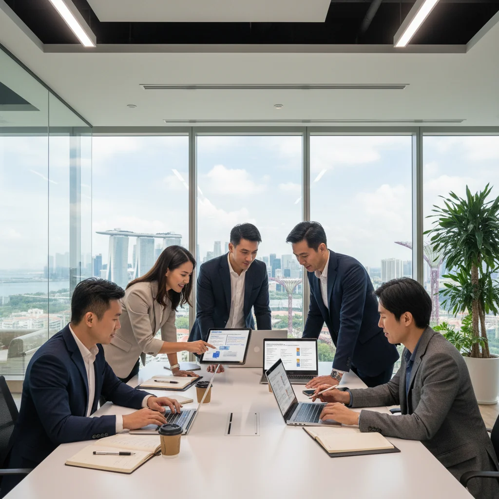 A photorealistic image of a diverse group of professionals in a modern Singapore office, engaged in a discussion about data privacy, with subtle Singaporean elements like a city skyline view, emphasizing trust and security in business practices, no children present.