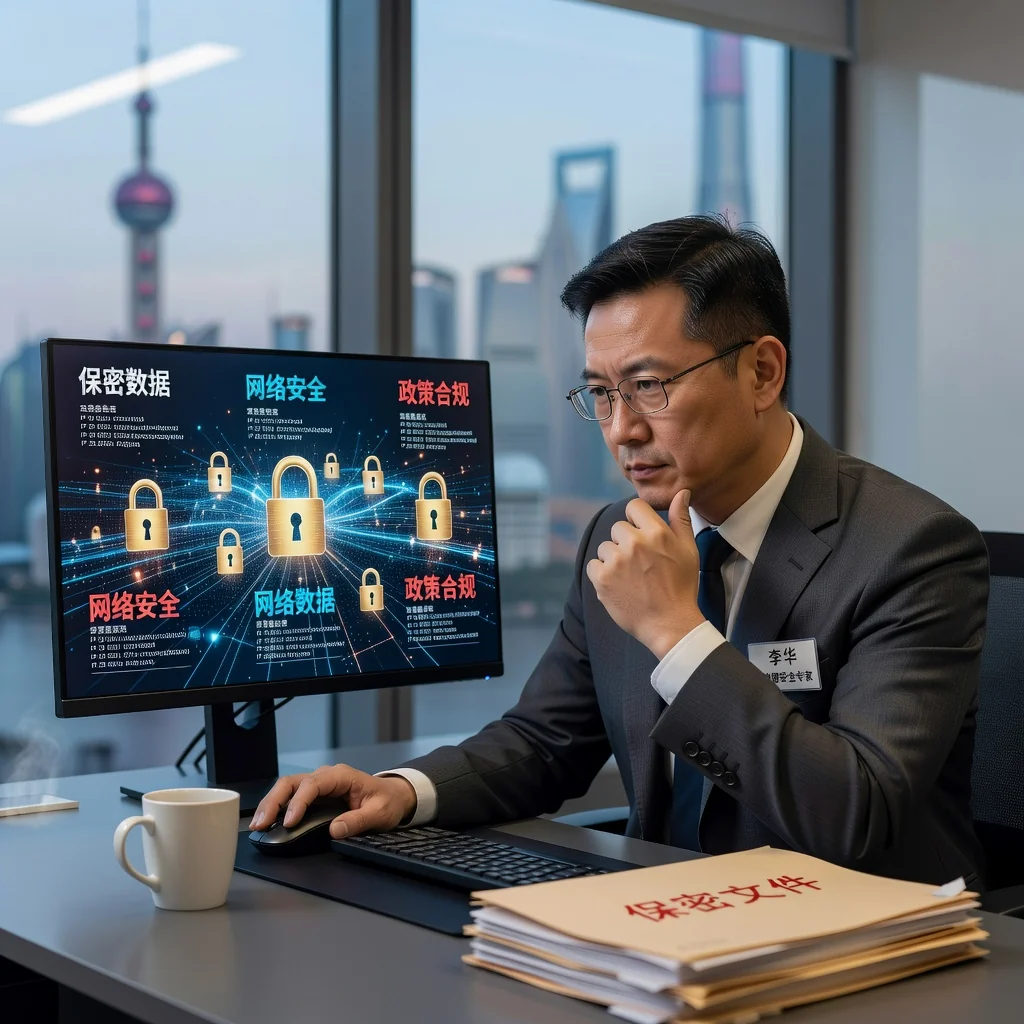 A photorealistic image symbolizing privacy protection in China, featuring an adult professional person safeguarding personal data on a secure digital interface, evoking trust and compliance with privacy policies, no children present.