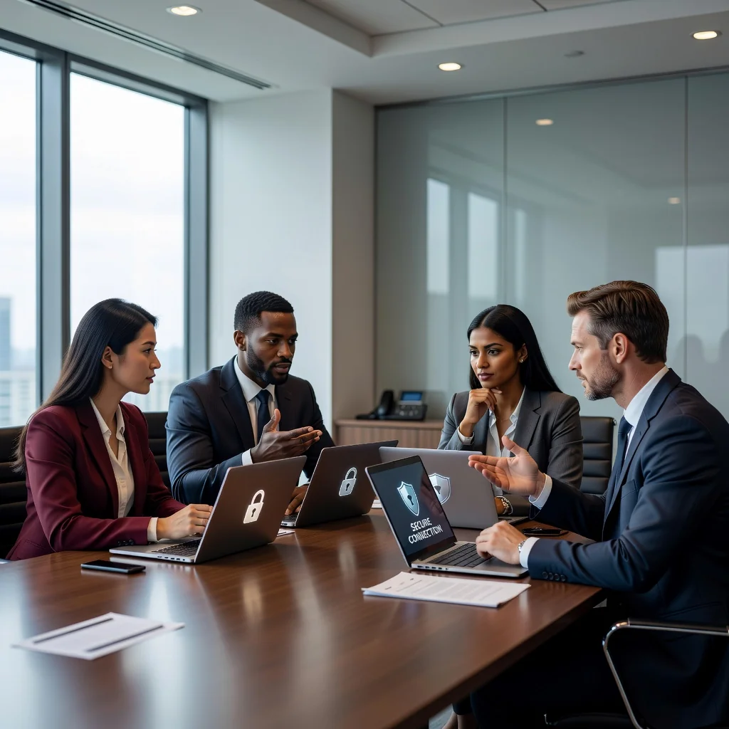 A professional office setting where a diverse group of adults is discussing data privacy and security, symbolizing the protection of personal information in a business context.