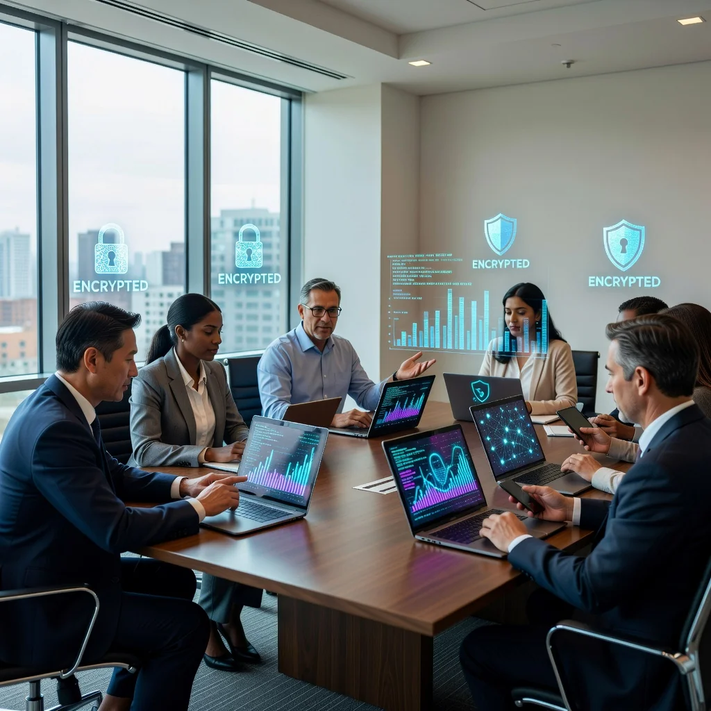 A photorealistic image representing data protection and privacy in a modern office setting, showing a diverse group of adult professionals discussing secure data handling on computers, with subtle lock icons symbolizing security, no children present.