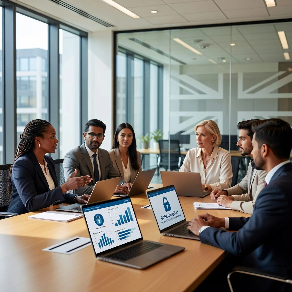 A photorealistic image of a professional business meeting in a modern UK office, where diverse adults are discussing data privacy strategies around a conference table with laptops and charts on privacy icons, symbolizing compliance and protection of personal information for businesses.