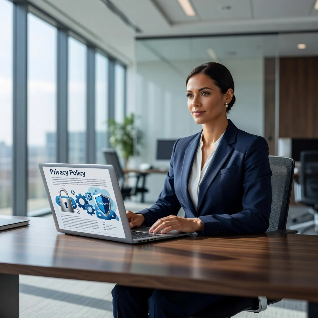 A photorealistic image of a professional businesswoman in a modern office setting, reviewing a digital privacy policy on her laptop screen that displays subtle icons representing data protection like locks and shields, symbolizing compliance with privacy regulations such as CCPA. The atmosphere is secure and trustworthy, with natural lighting and no children present.