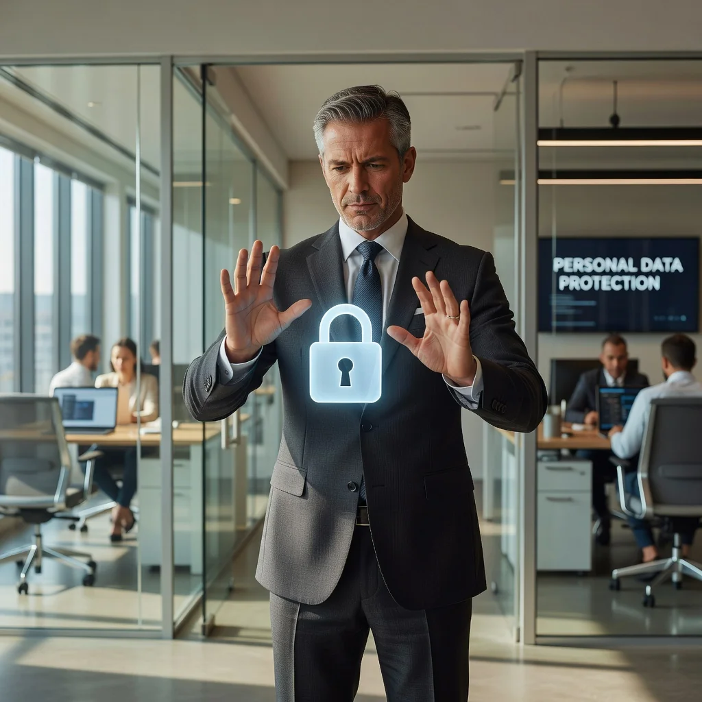 A photorealistic image symbolizing data privacy and protection, showing an adult professional person confidently shielding a digital lock icon with their hands in a modern office setting, representing the importance of data protection policies without displaying any legal documents.