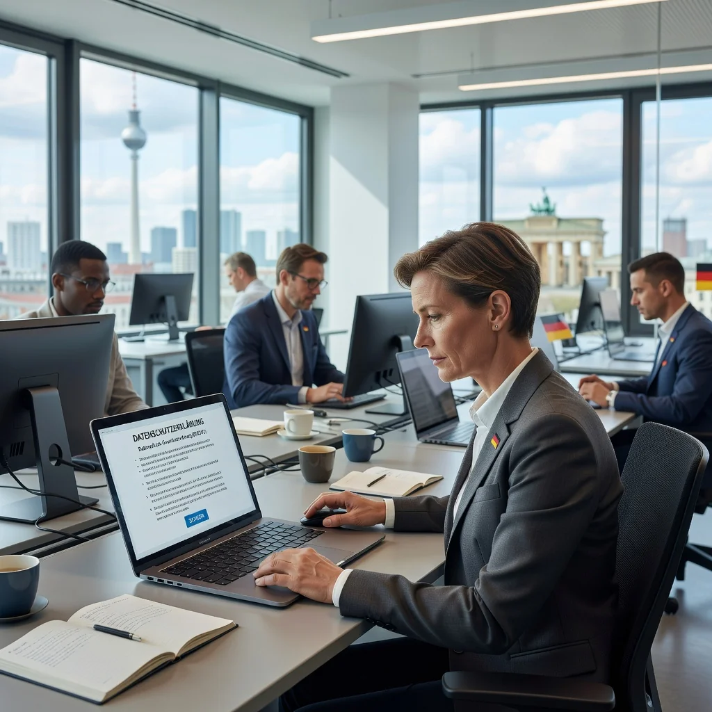 A photorealistic image representing data protection and privacy in a German professional context, showing a diverse group of adults in a modern office setting, with one person securely locking a digital file on a computer screen, symbolizing compliance with privacy laws, no children present.
