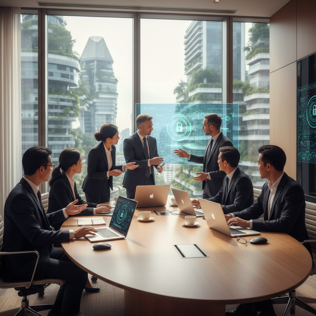 A photorealistic image representing data protection and privacy in a modern Singaporean office setting, with professionals discussing secure data management on computers, symbolizing updates to personal data protection laws.