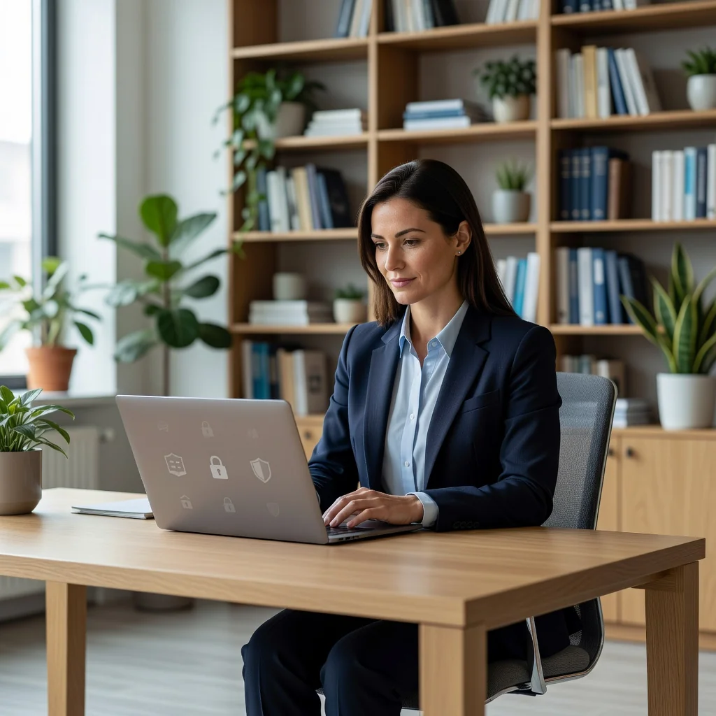 A photorealistic image of a professional adult woman working at a modern desk in an office, carefully reviewing a digital document on her laptop screen that displays privacy icons like locks and shields, symbolizing data protection and confidentiality for a website policy. The atmosphere is secure and trustworthy, with soft natural light from a window.