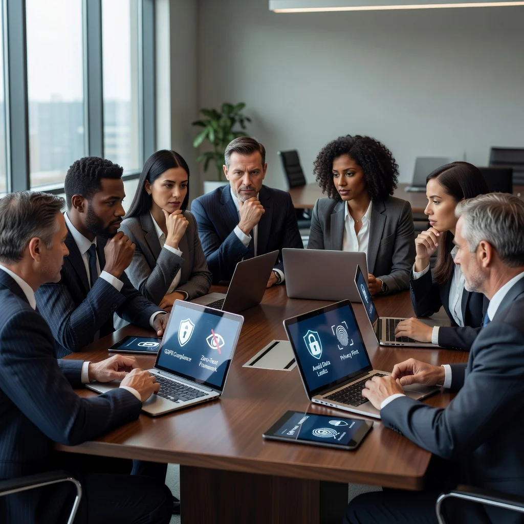 A photorealistic image of a diverse group of professionals in a modern office setting, looking concerned while reviewing digital privacy settings on their computers and tablets, symbolizing the importance of avoiding common errors in privacy policies. The scene conveys awareness and protection of personal data without focusing on legal documents.