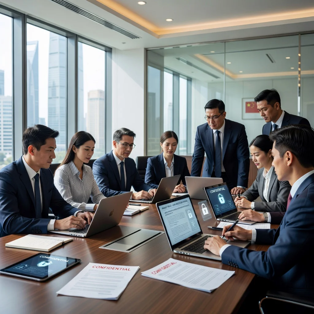 A photorealistic image of a diverse group of adult professionals in a modern Chinese office setting, collaboratively reviewing digital privacy policies on computers, symbolizing compliance with Chinese legal standards for data protection, with elements like secure locks and Chinese flags subtly in the background to represent legal adherence.