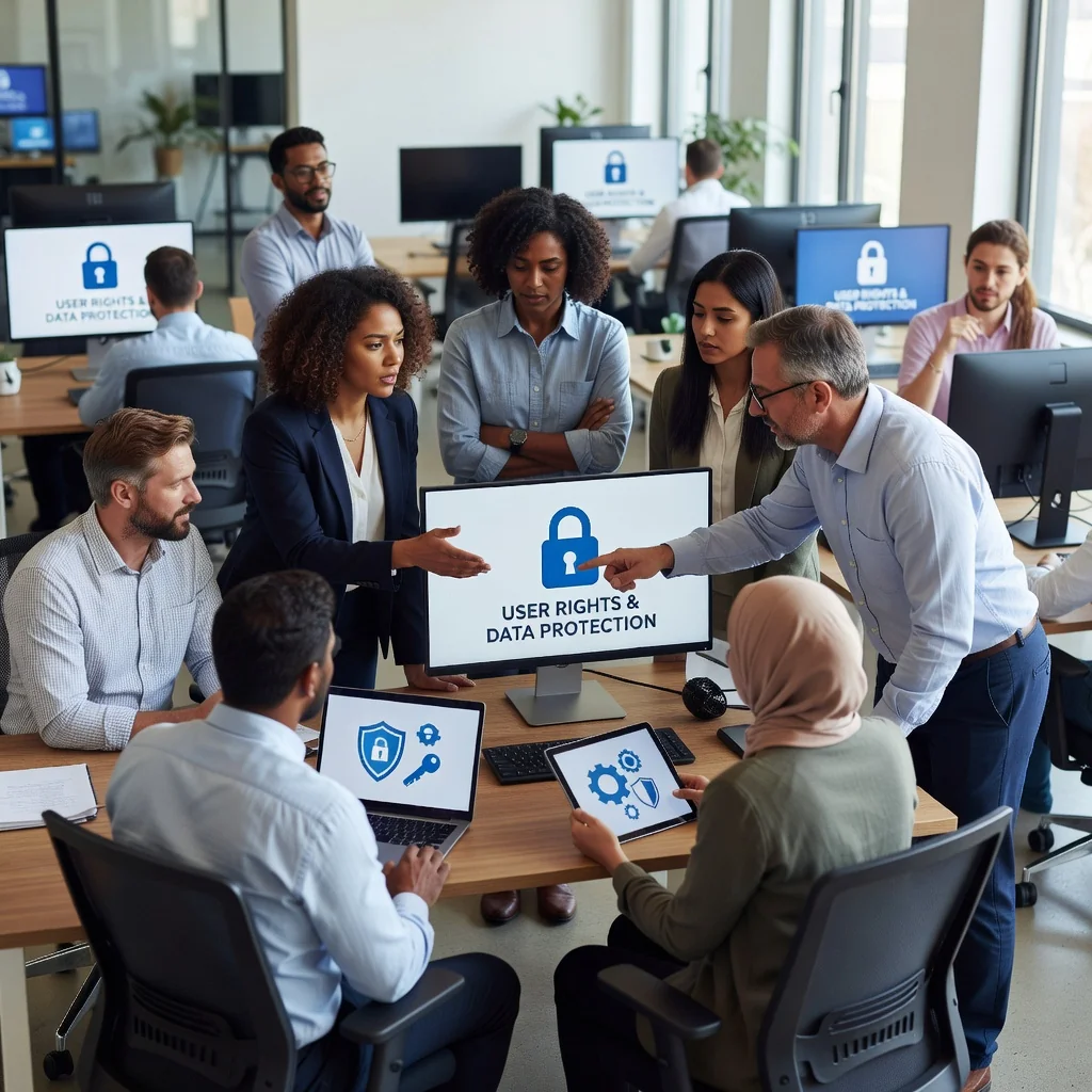 A photorealistic image depicting a diverse group of adults in a modern office environment, confidently reviewing digital privacy settings on their laptops and smartphones, symbolizing user empowerment and data protection rights under GDPR. The scene conveys trust, security, and awareness without focusing on legal documents.