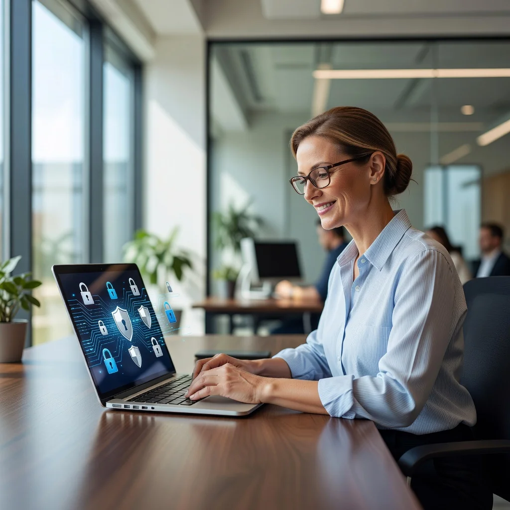 A photorealistic image of a professional adult woman in a modern office setting, confidently reviewing a digital document on her laptop screen that displays privacy icons and data protection symbols, symbolizing the creation of a GDPR-compliant privacy policy. The atmosphere is secure and professional, with elements like locks and shields subtly integrated into the background to represent data security, no children present.