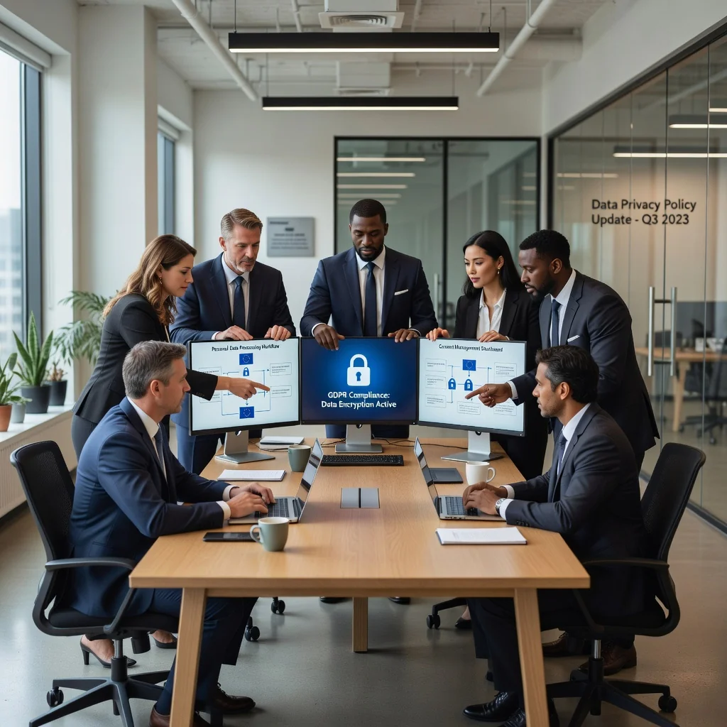 A photorealistic image symbolizing the impact of GDPR on US businesses, showing a diverse group of adult professionals in a modern office environment, reviewing digital privacy policies on computers, with subtle European Union and US flags in the background, emphasizing data protection and cross-border compliance without any legal documents visible.