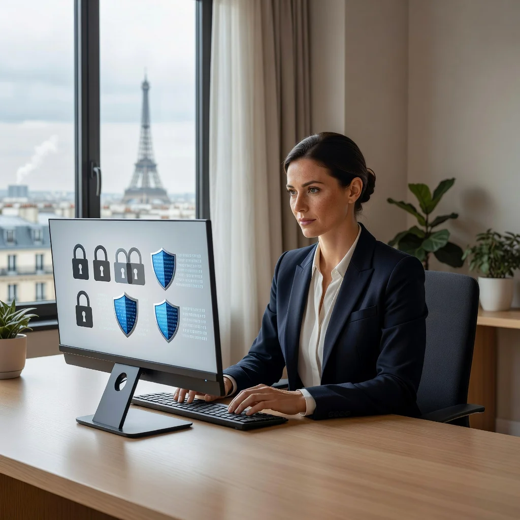 A photorealistic image representing data privacy and legal confidentiality obligations in France, showing a professional adult woman in a modern office setting, carefully reviewing digital information on a secure computer screen with subtle French flag elements in the background, symbolizing protection of personal data without displaying any legal documents.