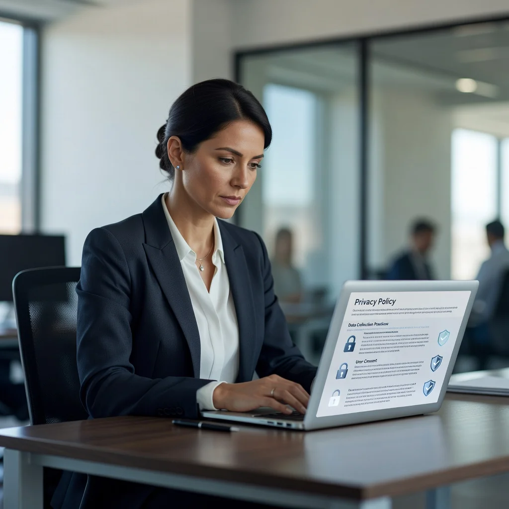 A photorealistic image of a professional adult woman in a modern office setting, confidently reviewing a privacy policy document on her computer screen, symbolizing data protection and privacy compliance, with secure lock icons subtly in the background, no children present.