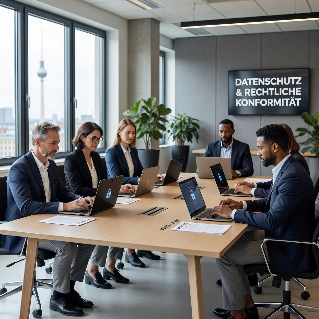 A photorealistic image representing data privacy and protection in Germany, showing a diverse group of adults in a modern office setting reviewing digital information on secure computers, with subtle German flag elements in the background to evoke trust and compliance, no children present.