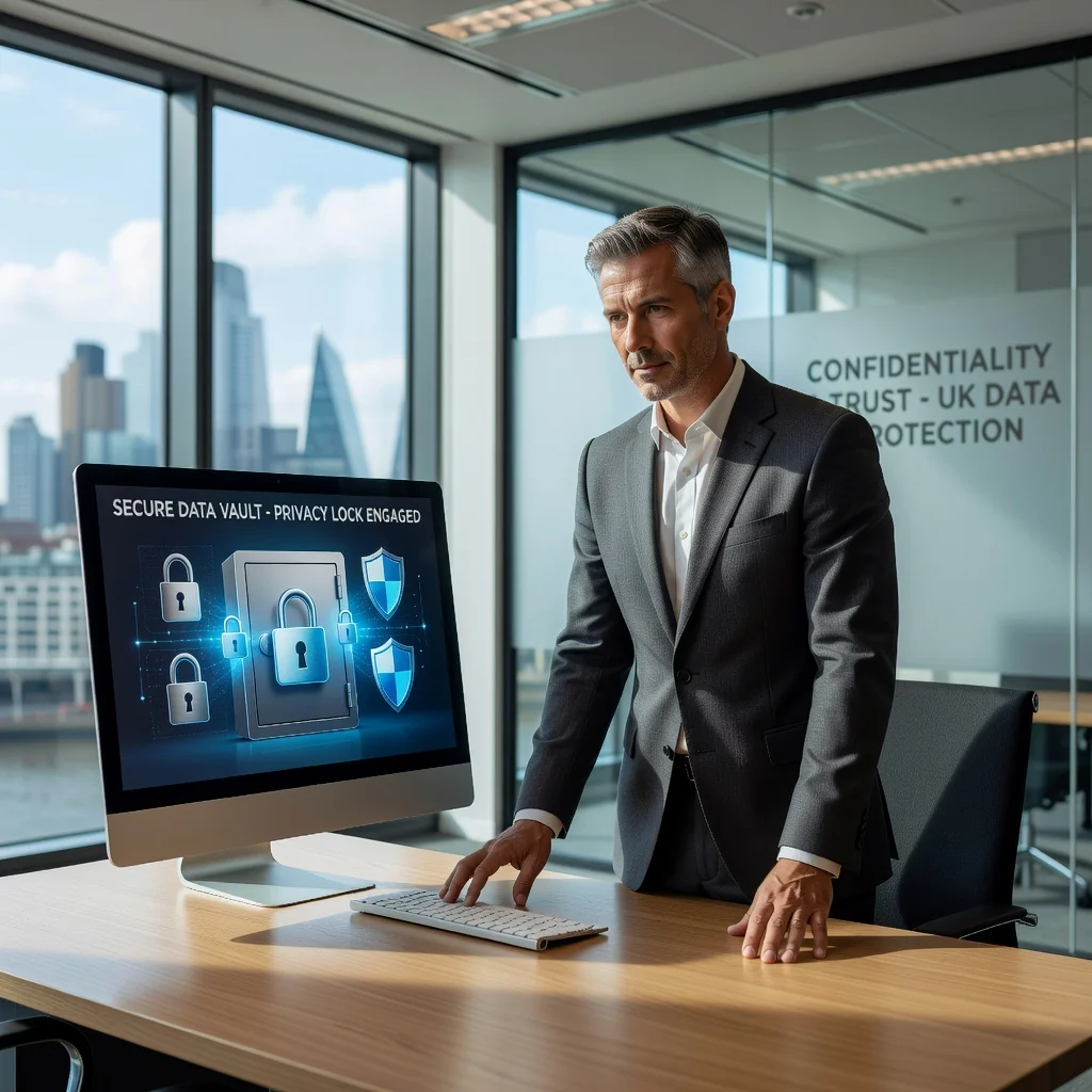 A photorealistic image symbolizing privacy and data protection in the UK context, featuring an adult professional safeguarding personal information in a modern office environment, evoking trust and security without showing any legal documents.