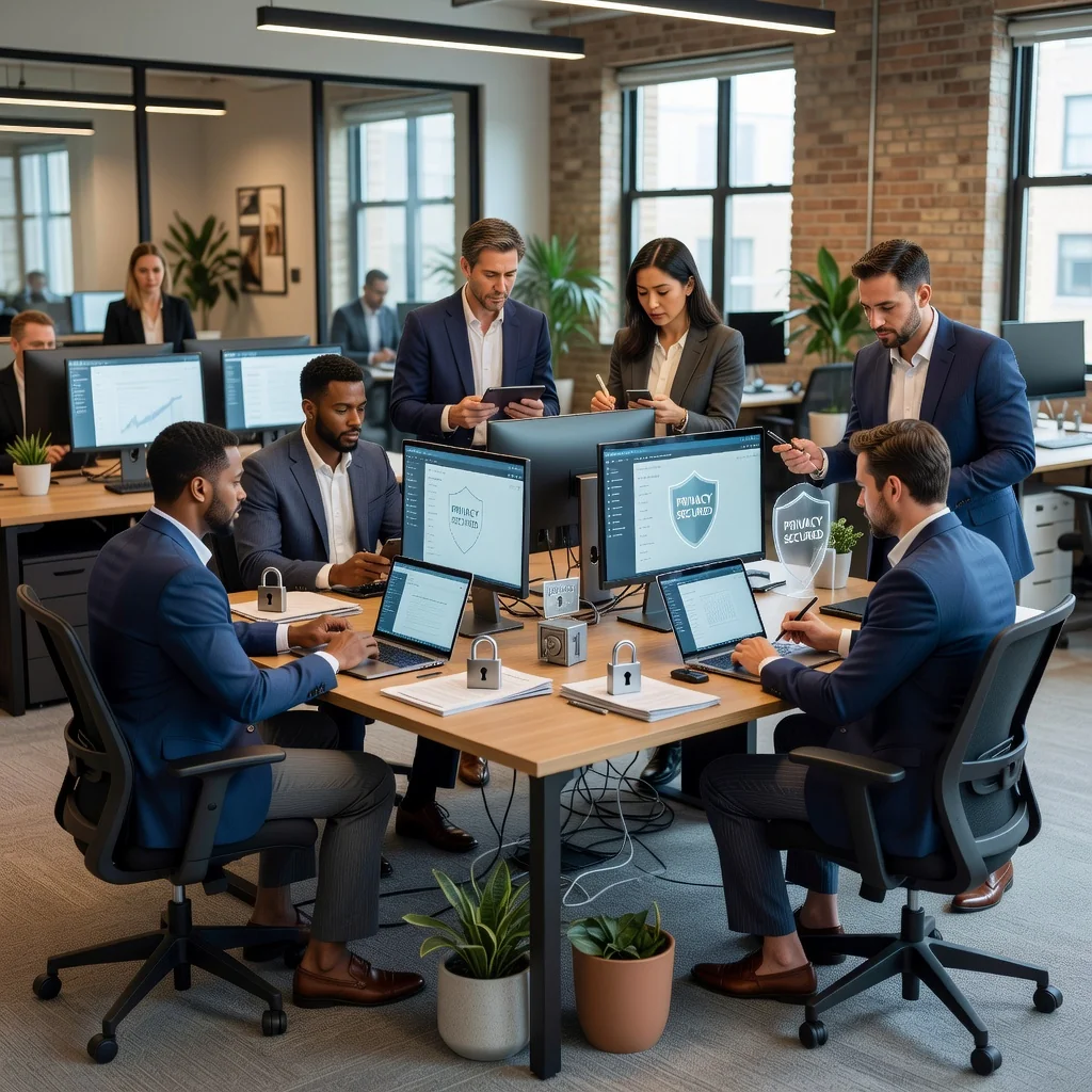 A photorealistic image symbolizing privacy protection in the United States, featuring a diverse group of adults in a modern office setting, using laptops and smartphones while a subtle American flag is visible in the background, evoking security and confidentiality without showing any legal documents.