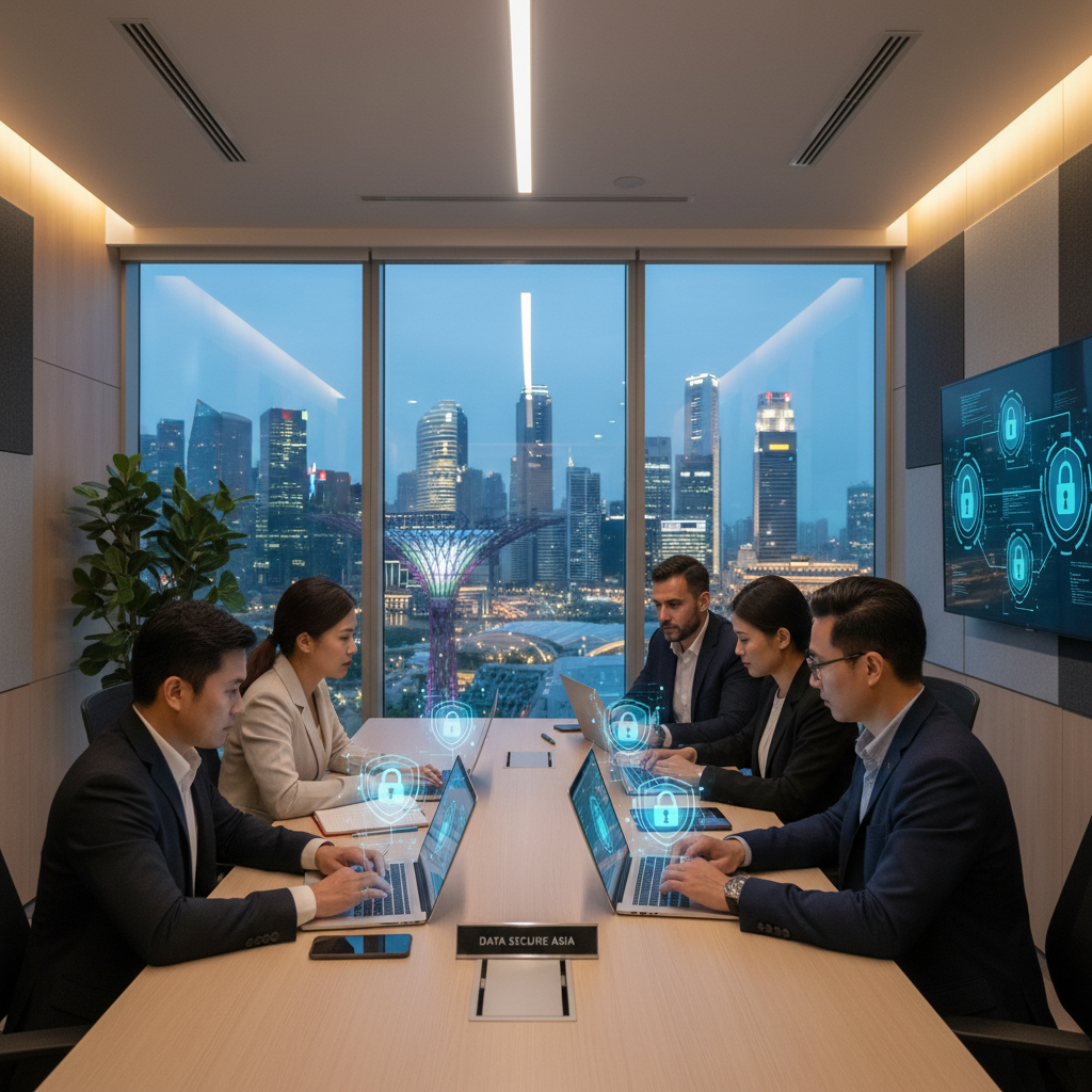A photorealistic image representing privacy and data protection in Singapore, featuring a diverse group of adults in a modern office setting, discussing secure digital information on laptops and tablets, with subtle Singaporean elements like a city skyline in the background, emphasizing trust and confidentiality without showing any legal documents.