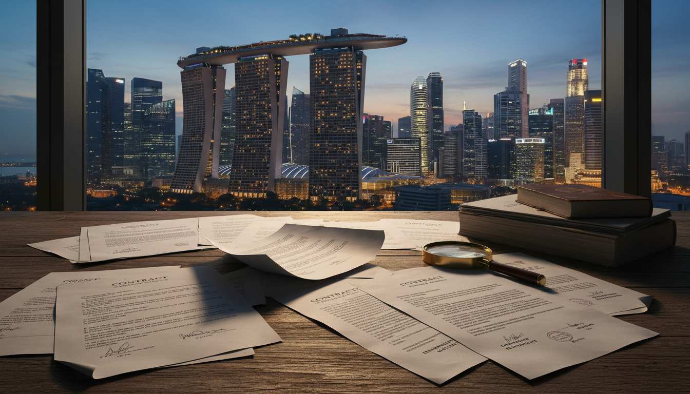 Singapore skyline with legal documents