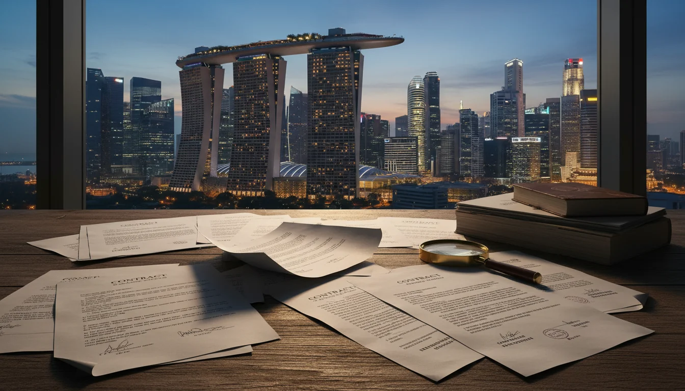 Singapore skyline with legal documents