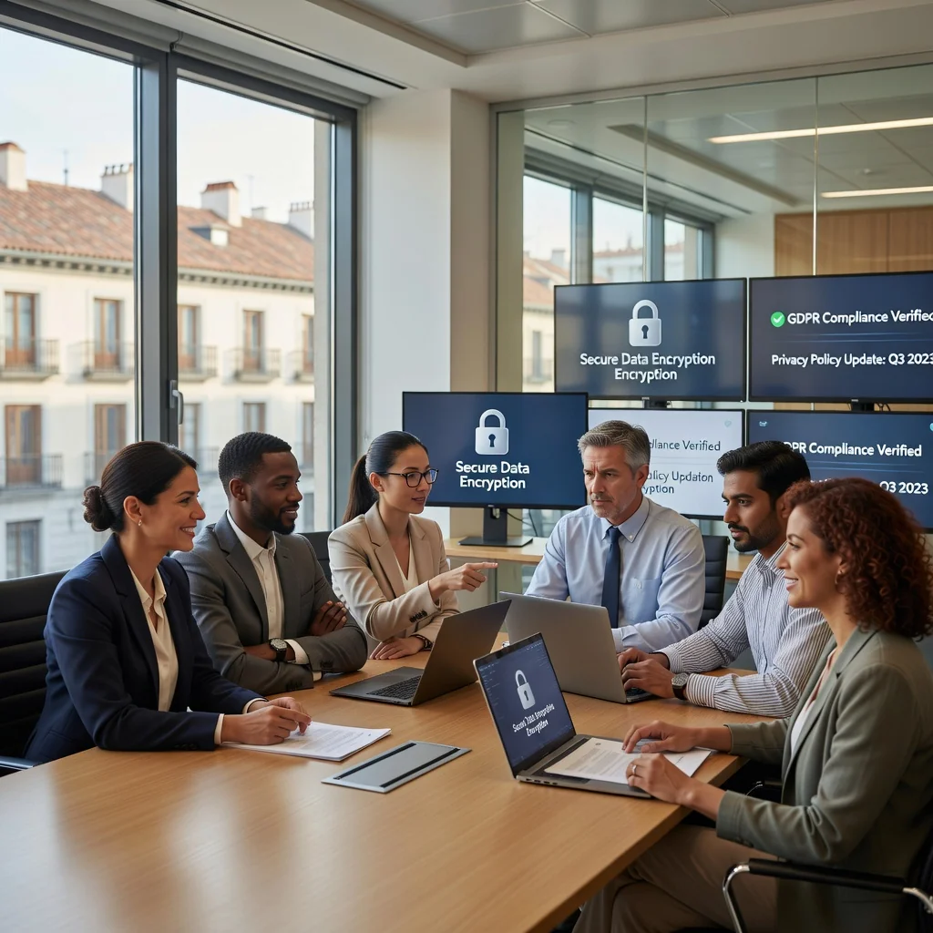 A photorealistic image representing privacy and data protection in a Spanish legal context, showing a diverse group of adults in a modern office setting in Spain, with subtle elements like a Spanish flag in the background and symbolic locks on digital screens, emphasizing security and confidentiality without focusing on documents.