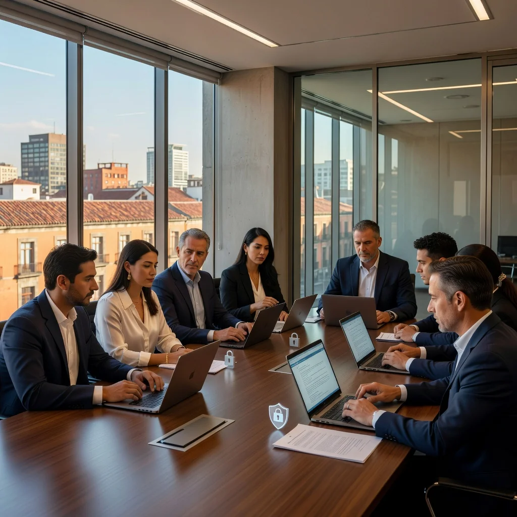 A photorealistic image representing privacy and data protection in Mexico, featuring a diverse group of adults in a modern office setting, discussing confidential information with secure locks and Mexican cultural elements in the background, symbolizing the purpose of privacy notices.