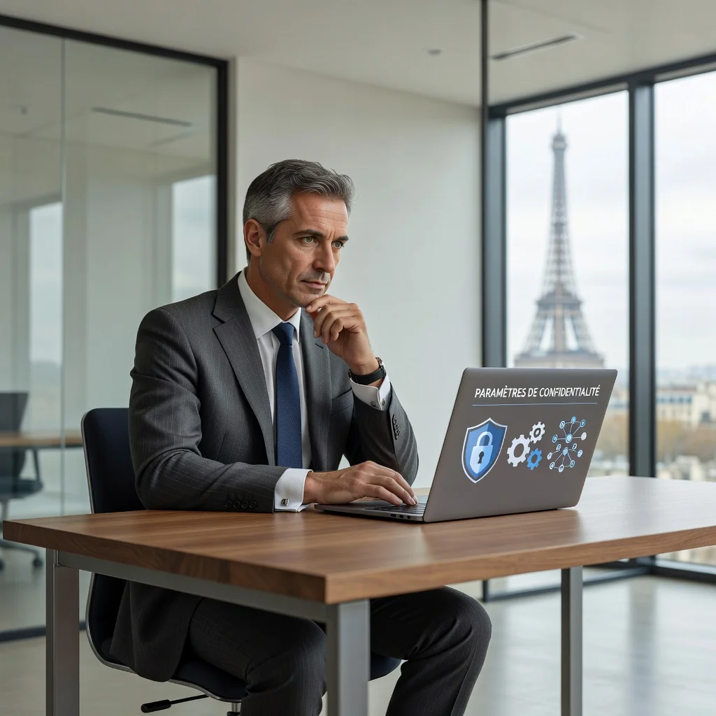 A photorealistic image representing privacy protection in the context of French legal documents, showing an adult professional in a modern office setting reviewing data security on a computer screen, with subtle French cultural elements like the Eiffel Tower in the background window, evoking trust and confidentiality without displaying any documents.